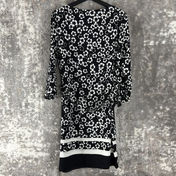 H&M Size 8 Floral Print 3/4 Sleeve Tie Knee Length Shift Dress Black White - Picture 3 of 10